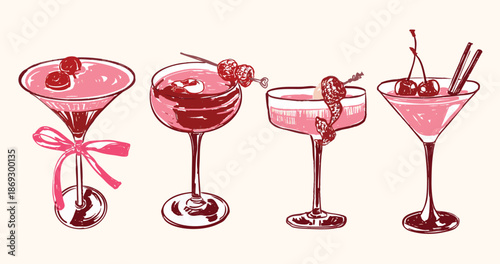 Cocktail Set with Raspberry and Cherries Garnish