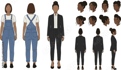 Black Woman Character Set in Denim Overalls and Business Suit with Various Hairstyles and Views.