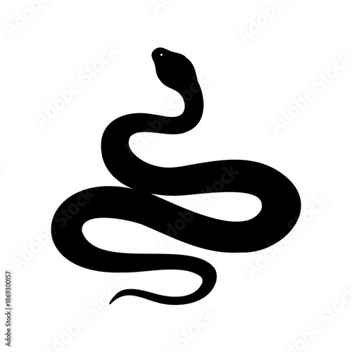 A striking silhouette of a coiled black snake on a white background