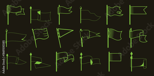 Collection of green outline flags and banners dark pennant ensign