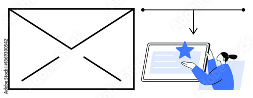 Digital communication, email marketing, workflow organization, content curation, user feedback, technology integration. Large envelope beside person interacting with a tablet. Email marketing