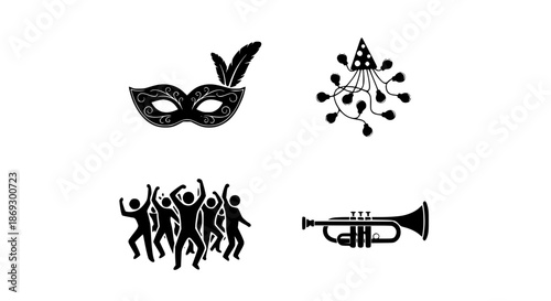 Ultimate Festive Carnival and Masquerade Celebration Icon Set Featuring Music, Dancing, and Party Design Elements