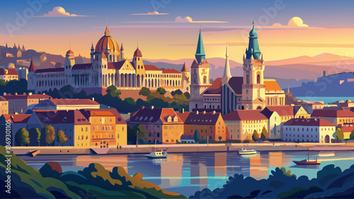 Very beautiful Budapest skyline featuring Buda Castle rising above the Danube River, Hungary, blending medieval history, royal architecture, and natural scenery into a majestic city panorama.