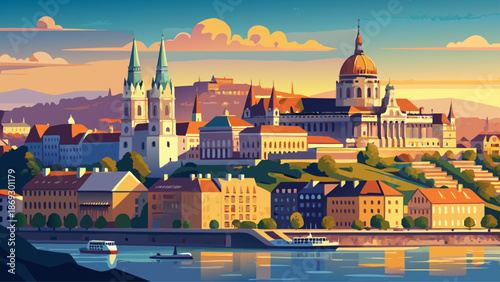 Very beautiful Budapest skyline featuring Buda Castle rising above the Danube River, Hungary, blending medieval history, royal architecture, and natural scenery into a majestic city panorama.