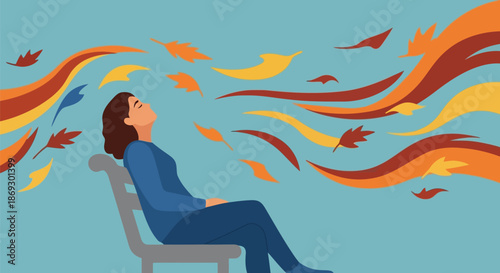 Illustration of a woman sits on a bench, eyes closed, enjoying the autumn breeze and falling leaves in a stylized illustration