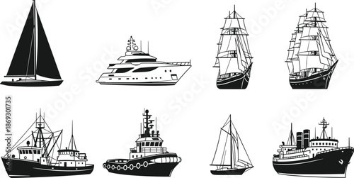 Boat and ship silhouettes set, sailing yacht, luxury yacht, cargo vessel, tugboat, maritime transport illustration collection black vector nautical icons
