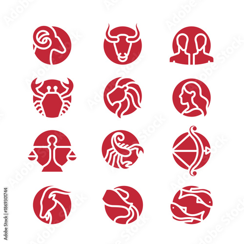 12 horoscope - Red circle zodiac sign simple line and modern style vector design