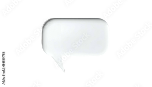 A 3D rendered, white speech bubble with a rounded rectangle shape and a small tail, on a black background