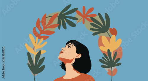 Illustration of woman looking up thoughtfully under a floral archway, celebrating nature and personal growth in a vibrant, stylized illustration