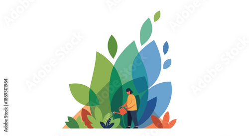Illustration of gardener watering plants with a watering can, surrounded by lush green leaves and colorful foliage, growth and nature concept