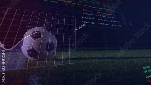Animation of graphs and data over ball and legs of soccer player at stadium