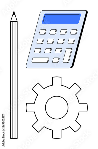 Business planning, education tools, technical operations, engineering workflow, financial analysis, project strategies. Calculator, pencil and gear graphic. Business planning and education tools