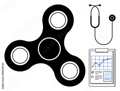 Stress relief, healthcare tools, data analysis, research, mental focus, productivity. Black fidget spinner, stethoscope and clipboard with a data chart. Stress relief and healthcare tools concept
