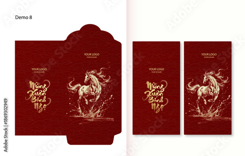 Tiêu đề: Luxury Vietnamese Lunar New Year 2026 Red Envelope Design Year of the Horse Bính Ngọ with Traditional Ornate Patterns