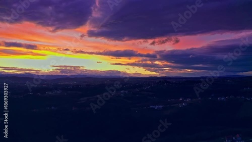 Colorful Dramatic Sunset Over Rural Hills and Villages in Bosnia and Herzegovina