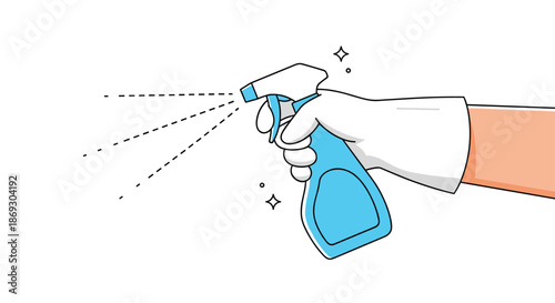 Hand wearing a white protective glove holds a blue spray bottle and releases a fine mist for cleaning and sanitization purposes.