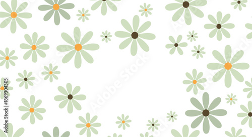 Beautiful floral pattern displays light green daisies with yellow and brown centers floating on a clean white background for summer prints.