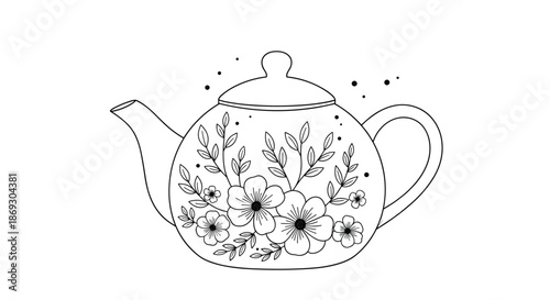 Decorative black and white teapot illustration features an intricate floral pattern and delicate dots for a charming and artistic design.