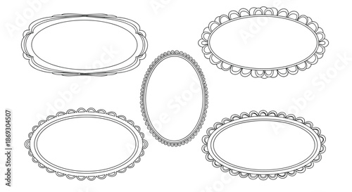 Set of five elegant black and white oval frames with decorative scalloped and beaded borders suitable for portraits or invitation designs.