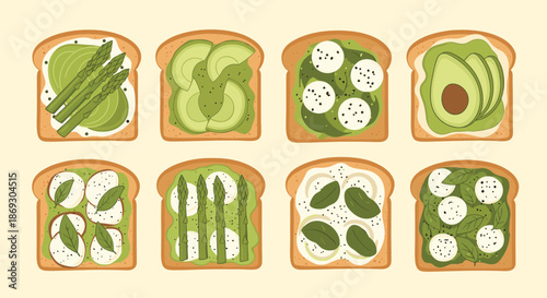 Variety of healthy avocado toast options topped with asparagus, mozzarella balls, fresh basil leaves, and black pepper on crispy bread.