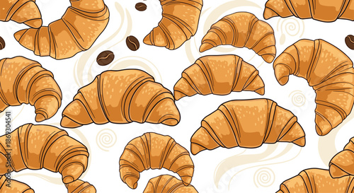 Delicious seamless pattern featuring golden brown croissants and roasted coffee beans scattered on a white background with soft swirls.