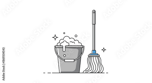 Professional cleaning equipment including a grey plastic bucket filled with soapy foam and a mop standing upright on a white background.