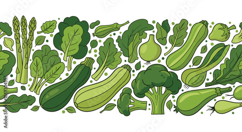 Continuous horizontal border of diverse green vegetables including broccoli, zucchini, spinach, asparagus, and various leafy greens.