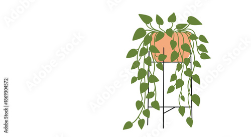 Elegant potted plant with long cascading green leaves sitting on a tall minimalist black metal stand against a clean white background.