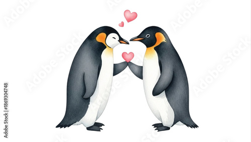 Cute Watercolor Penguin Couple in Love with Hearts Isolated on White Background, Valentine's Day