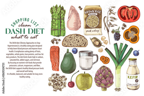DASH diet ingredients vector. Healthy eating poster for people to stop hypertension