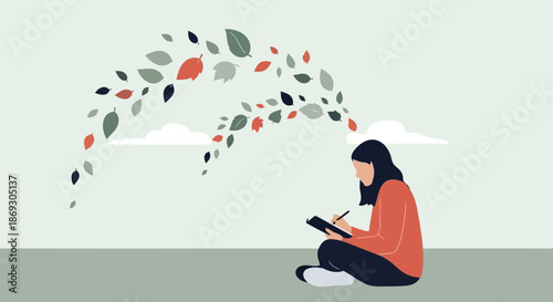 Illustration of a woman sits crosslegged, writing in a notebook as colorful autumn leaves swirl and float around her head like thoughts