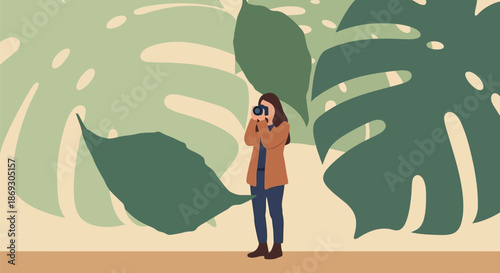Illustration of a woman with a camera takes a photo amidst large, tropical monstera leaves, capturing the beauty of nature
