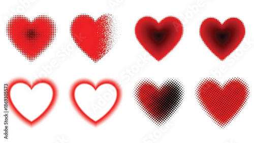 A collection of eight different red heart icons displayed in two rows. The styles include halftone patterns, dissolving effects, smooth gradients, and glowing outlines on a white background.