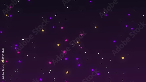 Scattered colorful stars and dots on dark purple background
