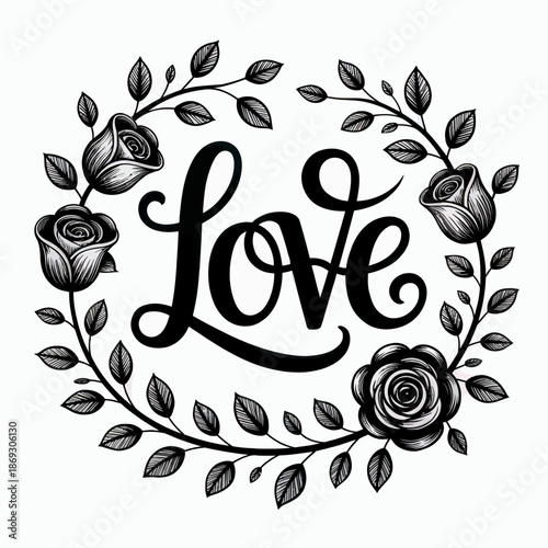 Elegant Love Wreath Illustration with Roses and Leaves