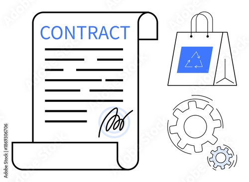 Business agreements, eco-conscious commerce, legal services, sustainability, workflows, signed documents. Contract paper with signature, gears and recycled shopping bag. Business agreements