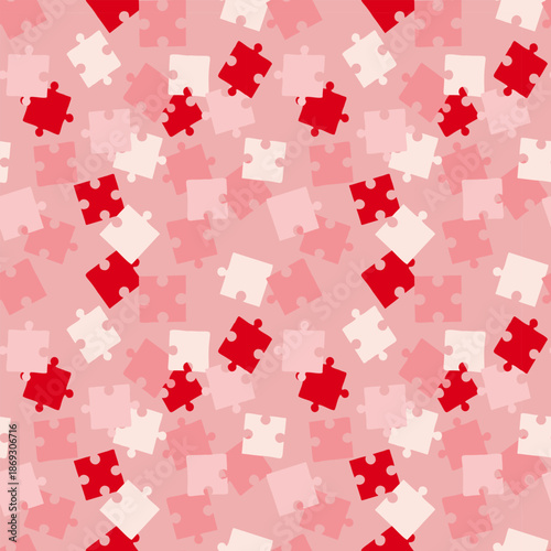 Pink and red puzzle piece pattern, delicate romantic seamless background, Valentines Day, birthday. Packaging, wallpaper, background, and backing. Vector illustration