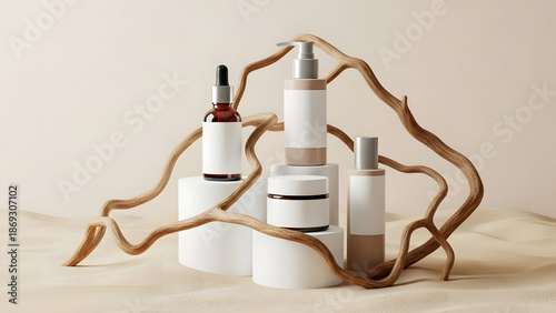 Cosmetic Product Mockup Display on White Pedestals with Wood Accent