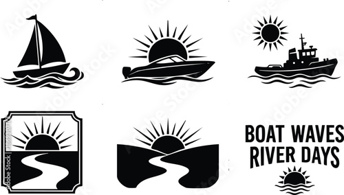Black silhouette style sailboat powerboat and ship with sun and waves river logo icons set and boat waves river days text illustration vector design