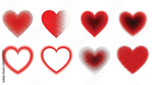 A collection of eight different red heart icons displayed in two rows. The styles include halftone patterns, dissolving effects, smooth gradients, and glowing outlines on a white background.