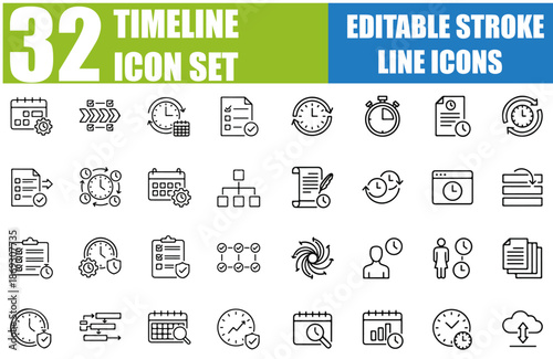 Timeline Icon Set - Time Management, Action Plan, Project Schedule, Milestone, Calendar, Deadline, History, Progress, Roadmap, Chronology, Gantt Chart and More - Editable Stroke Vector Illustration fo
