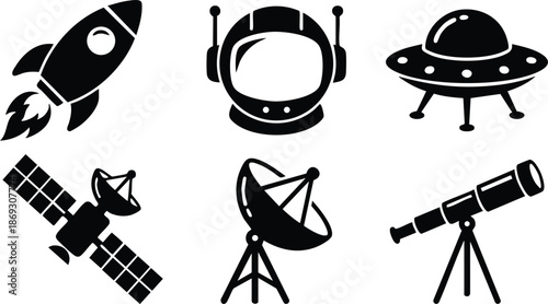 Black and white vector icons of rocket ship astronaut helmet flying satellite space dish and telescope isolated on white background minimalistic design set
