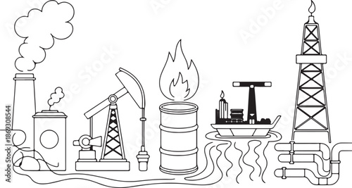 A detailed illustration depicting various components of the oil and gas industry in a clean outline style