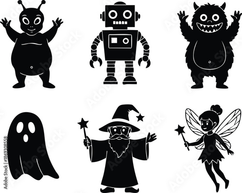 Flat design silhouette collection of six fantasy characters alien robot monster ghost wizard and fairy holding magic wands on white background