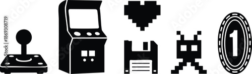 Black silhouette set of retro arcade joystick vintage game machine pixel heart floppy disk pixel alien coin icons in flat vector style isolated on white background