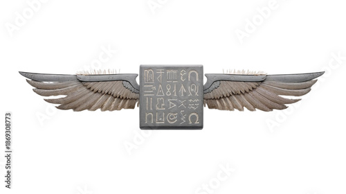 Ancient Stone Tablet with Mythological Winged Design and Mysterious Carved Symbols