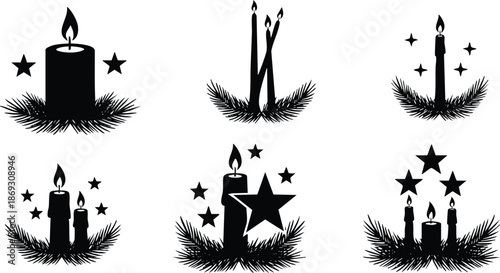Black silhouette candle icons with pine branches and stars glowing in various arrangements and sizes featuring single and multiple flames in simple festive vector style