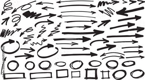A large assortment of hand drawn black arrows and various outline shapes like circles and rectangles