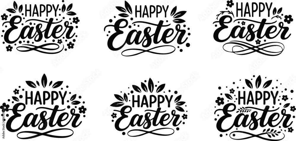 Fototapeta premium Black and white happy easter lettering with floral decorations vector set of six different hand lettered styles for spring holiday greeting cards and festive design elements