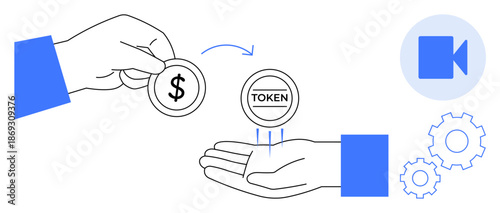 Cryptocurrency, digital payments, blockchain, fintech, economic transactions, token exchange. Hand exchanging coin for token with video and gear icons. Cryptocurrency and digital payments concept